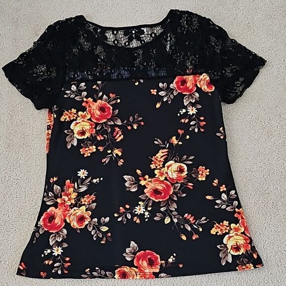 2/$15 Bobbie Brooks Floral Print Short Sleeve Blouse Top Black M - Picture 6 of 7